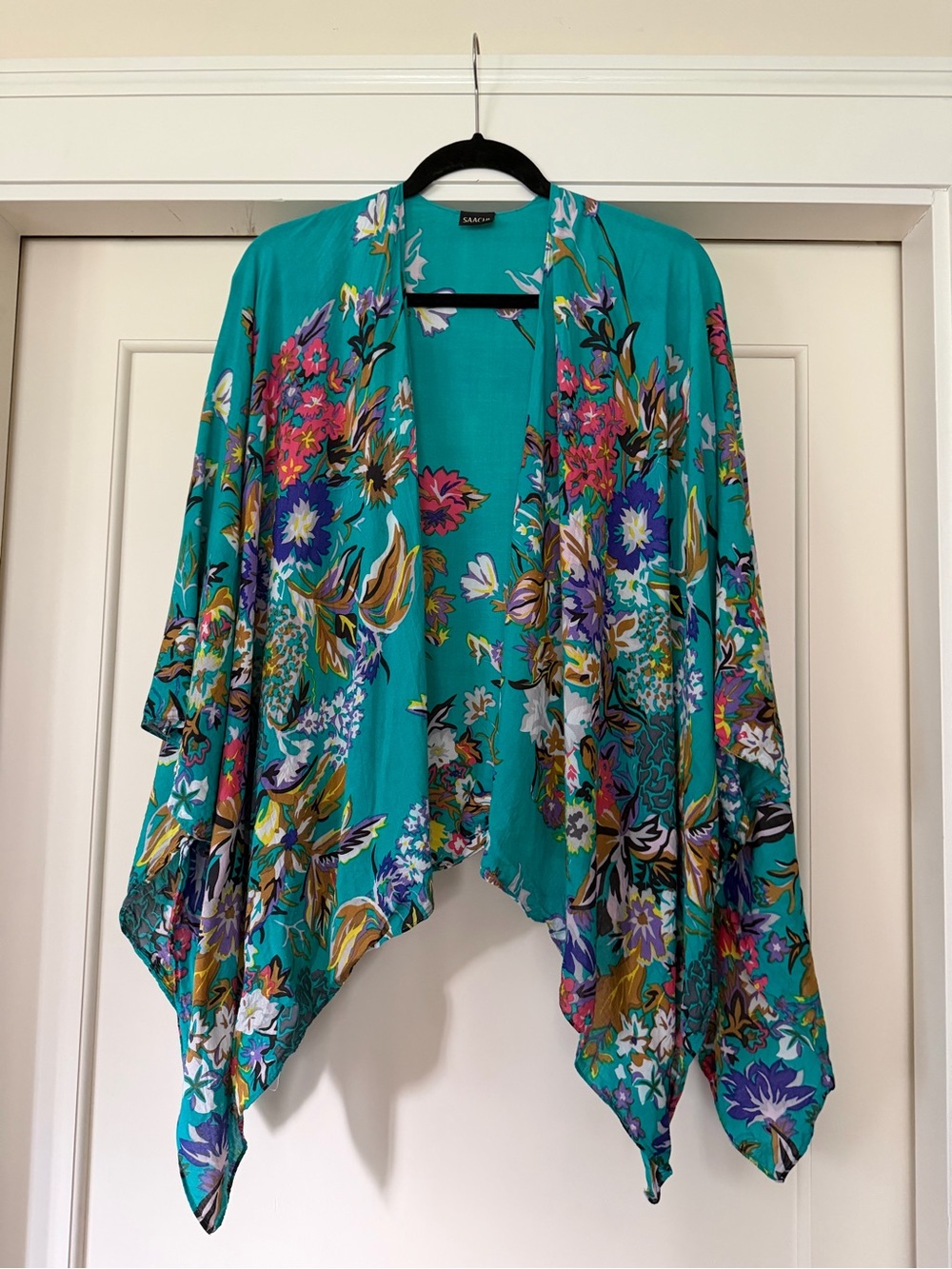 Saachi Floral Kimono Cardigan Teal Open Front — One Size